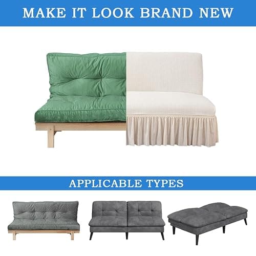 Daunkang Futon Cover Slipcover Removable Armless Sofa Bed Slipcovers Full Size with Skirt Ruffled Knitted Futon Sofa Cover Furniture Bed Protector with Elastic Bottom S White thumbnail 7