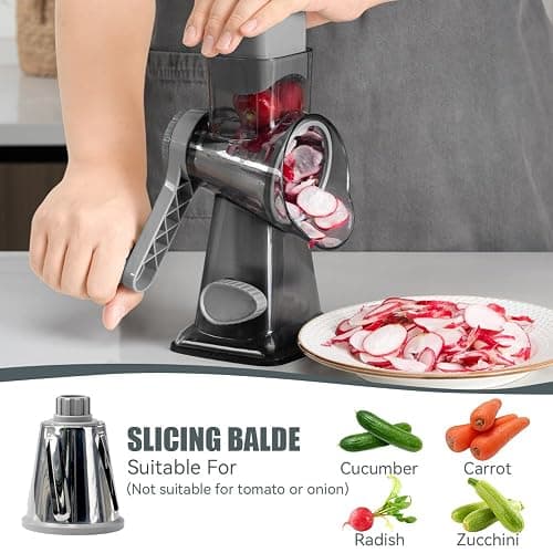 KEOUKE Rotary Cheese Grater Hand Crank Transparent - Shredder Slicer Grinder 3 Stainless Steel Blades, Stable Suction, Labor-Saving Handle, Safe Kitchen Tool for Cheese, Vegetable, Nuts, Chocolate thumbnail 4