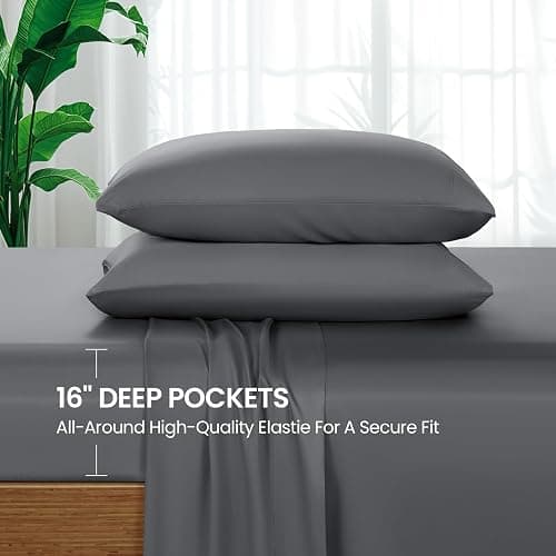 SONORO KATE 100% Viscose Derived from Bamboo_Sheets Queen Size, Ultra Breathable & Cooling Bed Sheets for Hot Sleepers, Hotel Luxury Silky Bedding Sheets, 16" Deep Pocket - 4PC (Dark Grey,Queen) thumbnail 9