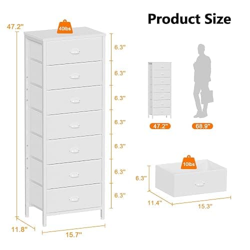 Furnulem White Tall Dresser for Bedroom with 7 Drawers, Vertical Chest of Drawer in Closet, Nightstand Storage Tower Unit Organizer with Fabric Bins for Dorm,Living Room,Entryway,Hallyway - White - 11.4"D x 15.8"W x 47.5"H (7 Drawers) thumbnail 3