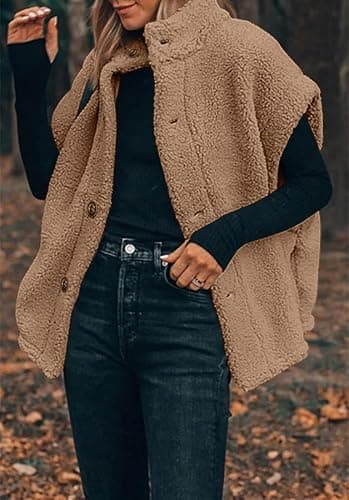 Hongqizo Womens Fuzzy Fleece Vest Casual Oversized Warm Button Down Sherpa Vest Jacket with Pockets thumbnail 2