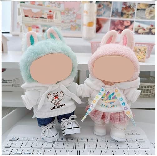 MVOHSMVO Clothes for 17cm Doll, Funny Accessories Suit Set Compatible for LABUBU Standing/Sitting or Any 17cm/6.7inch Doll (Colorful Hoodie/Checkered Half Skirt/Princess Shoes White) thumbnail 2