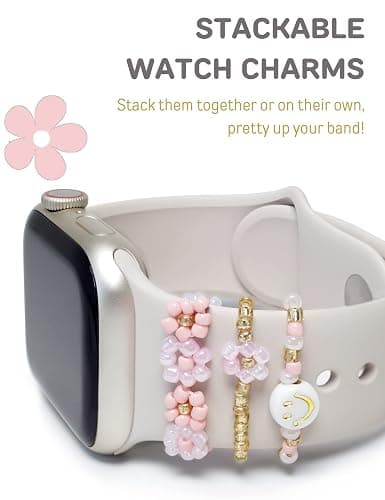 Heesch Stretchy Beaded Watch Band Charms Compitable with Apple Watch 38/40/41/42/44/45/49mm, Cute Beads Decorative Rings Loops Watch Assceeories for iWatch Series 8/7/6/5/4/3/2/1 (Band Not Included) - Pink thumbnail 3