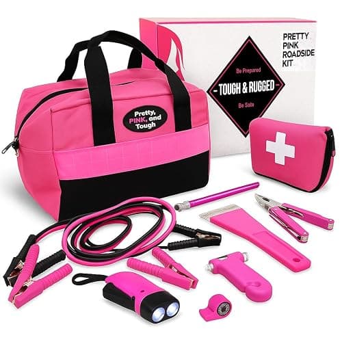 Pretty Pink Roadside Emergency Kit for Women & Teen Girls - Heavy-Duty Jumper Cables, First Aid Kit, Safety Tools, Flashlight, Ice Scraper - Complete Car Safety Bag with 5-Year Warranty - Image 1