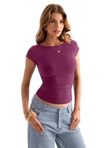 EasyGala Womens Double Lined Cap Sleeve Tops Cute Boat Neck T Shirts Slim Fitted Going Out Tees Y2k Summer Clothes 2026 thumbnail 3