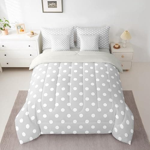 Manfei Polka Dot 7pcs Comforter Set Full Size,Cute Simple Geometric Dots Bedding Set for All Season,Grey White Cartoon Bed in A Bag with Comforter,Sheets and Pillowcases,Kids Boys Girls Room Decor thumbnail 3