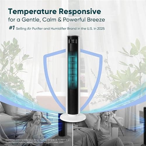LEVOIT Tower Fan for Bedroom, 90° Oscillating Standing Fan with 28dB Quiet for Sleep, 25ft/s Velocity, 12H Timer, 5 Speeds 4 Modes, Remoter, Bladeless Room Fan for Home, Office, Indoor, 36 inch, White thumbnail 2