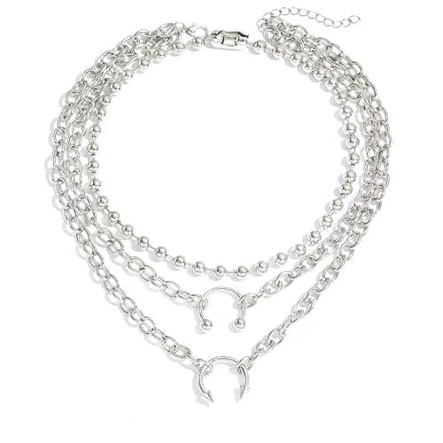 FAJYXTZF Silver Layered Chain Choker Necklace for Women, Punk Y2K Multi-Strand Ball Bead Chain with Pendant, Gothic Statement Jewelry Gift - Image 1