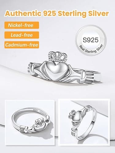 Bestyle 925 Sterling Silver Ring for Women, Minimalist Claddagh Ring Celtic Knot Ring for Women, Irish Promise Wedding Band, Gold/Rose Gold Vermeil Women Band Ring, Stackable, Gift for Her thumbnail 2