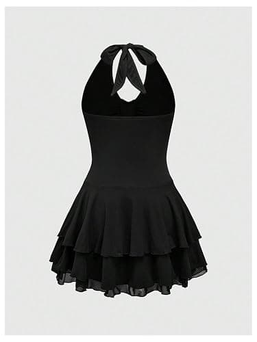 Milumia Women's Punk Tie Backless Halter Dress Y2k Ruched Layered Ruffle Hem Mini Dresses thumbnail 2