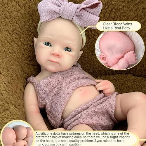 Yokyyi Reborn Baby Dolls Silicone Full Body 13 Inch Bettie Full Silicone Baby Doll Anatomically Correct that Realistic Soft Silicone Doll with Dark Pink Bow Dress thumbnail 4