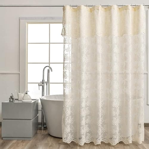 YJ YANJUN Ivory Lace Shower Curtain - Shabby Chic Flower Shower Curtain with Attached Valance, Luxury Lace for Bathroom, Farmhouse Bath Curtains, 72 x 72 Inch, Light Beige thumbnail 9
