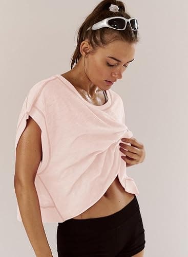 Kumufenc Women Short Sleeve Workout Shirts Open Back Tops Casual Yoga Y2k Athletic Gym Slouchy Crop Running Tees thumbnail 4