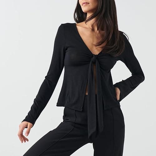Owegvia Women Long Sleeve V Neck Solid Color Trendy T-Shirt Tie Up Bow Basic Shirt Blouses for Streetwear Aesthetic Clothes thumbnail 2