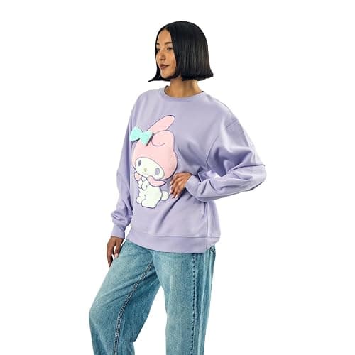 Bioworld My Melody Big Face Plush Character Women's Purple Crew Neck Long Sleeve Oversized Fleece Sweatshirt thumbnail 3