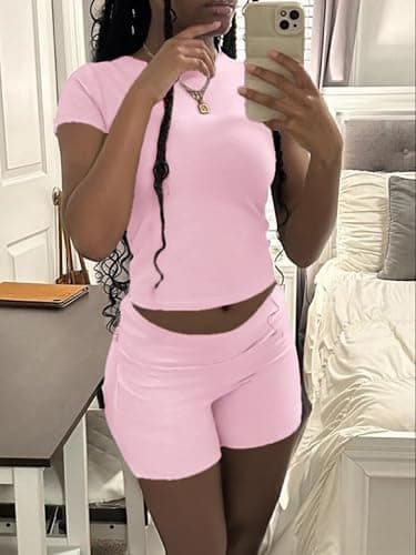 AYWA Two Piece Short Sets for Women Summer Lounge Sets | Slim Fitted Tee, Short Sleeve Tops, Foldover Shorts, Matching Lounge Sets, Workout Sets thumbnail 4