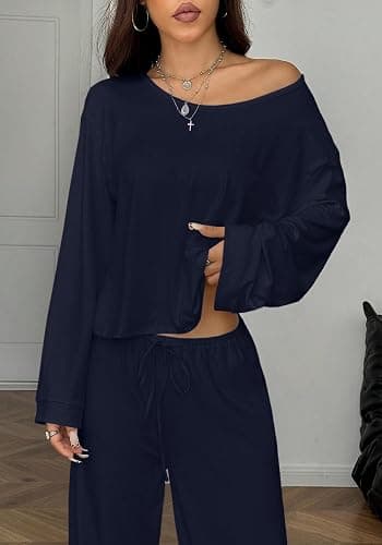 TDCoool Two Piece Matching Lounge Sets For Women Vacation Airport Fall Outfits Off Shoulder Sweatshirt Wide Leg Sweatpant Set thumbnail 6