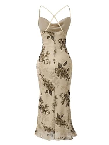 SOLY HUX Women's Floral Mesh Bodycon Cami Dress Cowl Neck Sleeveless Cocktail Party Wedding Guest Long Maxi Dresses thumbnail 2