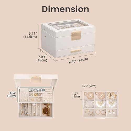 Lolalet Jewelry Box, Clear Window Jewelry Organizer with Drawer for Earrings Bracelets Necklaces Rings, Jewelry Storage for Women -White, 3 Layers thumbnail 3