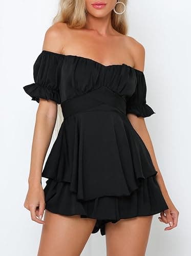 Fixmatti Women Boho Romper Off Shoulder Ruffle Chiffon Shorts Jumpsuit Playsuits thumbnail 6