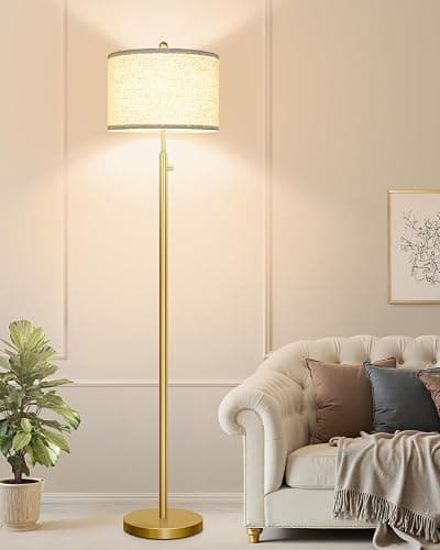 Nintiue 【Upgraded】 Dimmable Floor Lamp for Living Room, 11W LED Bulb Included, Modern Standing Lamp, Tall Pole Light with Linen Shade for Bedroom Reading Office Corner Nursery-Gold - Image 1
