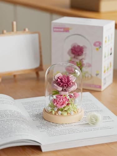 Sacblirr China Rose Secret Mini Flower Building Blocks Toy with Dust Cover | Dust cover set creative assembly bonsai tree. Elegant botanical arrangement micro blocks model for home decor bricks thumbnail 2
