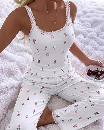 ChicMe Couture Women's Pajamas Set 2 Piece Ditsy Floral Print Lace Cami Top and Pants Loungewear with Pockets Sleepwear thumbnail 2