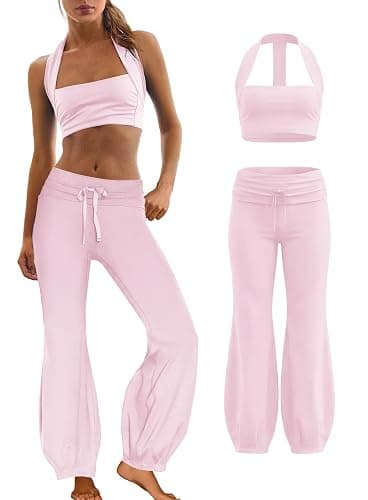 Panadila Women 2 Piece Yoga Sets Pilates Bra and Leggings | Halter Sports Bra, Fold Over Flare Leggings, Matching Workout Set, Athletic Clothing Sets, Gym Outfits, Activewear Pants Set - Image 1