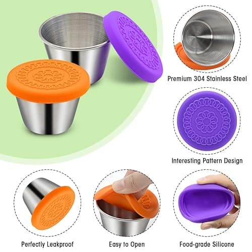 Winceed 6Pack 2.4oz Salad Dressing Container To Go, Small Stainless Steel Condiment Containers with Silicone Lids, Leakproof Reusable Dipping Sauce Cups for Lunch Box thumbnail 5