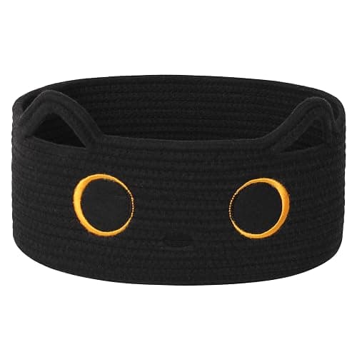 WILLITAT Black Cat Toy Basket, Small Woven Cat Toy Storage Box with Cute Ears Handle Indoor, Cotton Rope Storage Bin with Embroidered Face for Halloween Decor, Pet Bed, Nursery Kids Room Organization - Image 1