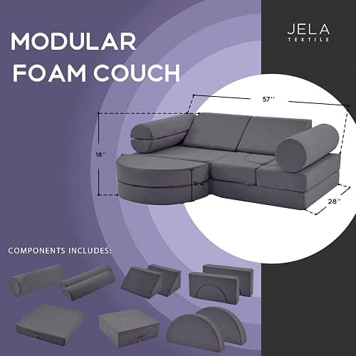 jela Kids Couch 14PCS Luxury, Floor Sofa Modular Furniture for Adults, Playhouse Play Set for Toddlers Babies, Modular Foam Play Couch, Modular Sofa (Charcoal, 57"x28"x18") thumbnail 2