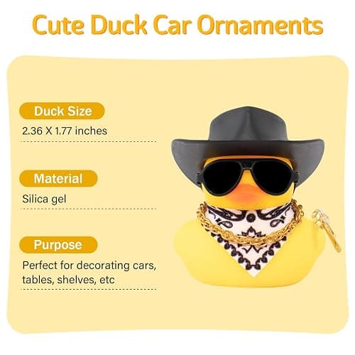 wonuu Rubber Duck Car Ornaments Duck Car Dashboard Decorations for Cool Car Accessories with Cowboy Hat Necklace and Sunglasses, A_Black Cowboy hat thumbnail 3