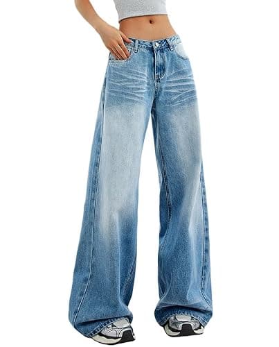 Women's Low Rise Wide Leg Flare Jeans Baggy Vintage 90s Bell Bottom Jeans Casual Loose Fit Boyfriend Denim Pants thumbnail 2