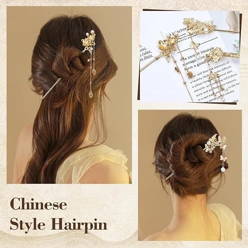 Lawie 10 Pack Retro Gold Metal Long Hair Sticks Pins with Pearl Jade Dangles Tassels Pendants Chinese Hanfu Asian Flower Butterfly Hair Chopsticks Hair Picks Bun Forks Holders Hairpins for Women Girls thumbnail 4