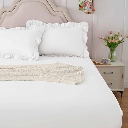 Homiest 2-Pieces Ruffle Pillow Case & Fitted Sheet Set, White Twin Sheets with Ruffled Pillow Shams, 15 Inch Deep Pocket, Cute & Coquette Microfiber Bed Set for Decorating Bedroom Hotel thumbnail 2