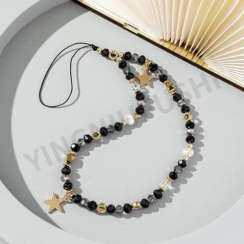 SYSUII Anti-Lost Bead Phone Lanyard Wrist Strap,Trendy Crystal Bead Mobile Phone Chain Five-Pointed Star Phone Charm Strap Cellphone Hanging Cord Telephone Chain Keychain for Women Girls,Gold - Gold thumbnail 4