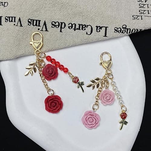 Joiigaem Rose Keychain Charms Camellia Flower Pendent Tassel Chain Key Rings Accessories for Women thumbnail 5