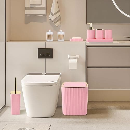XLHOMO Pink Bathroom Accessories Set - Gorgeous Bathroom Set, 10PC Bathroom Accessory Set, Toilet Brush, Trash Can, Qtip Holder & Soap Dispenser thumbnail 6