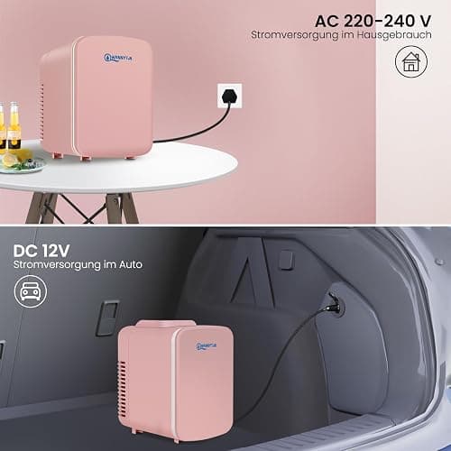WANNYTON Mini Kühlschrank 4 Liter / 6 Dosen, Tragbarer Kleiner Kühlschränke mit Kühl-und Heizfunktion, Getränkekühlschrank für Zimmer Auto Büro, AC 220-240 V, DC 12 V, Rosa thumbnail 5
