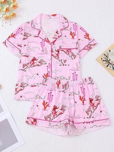 AINAC Womens 2 Piece Cowgirl Pajamas Satin Silk Western Cute Pjs Cowboy Boots Short Sleeve Button Up Shorts Pjs Loungewear thumbnail 4