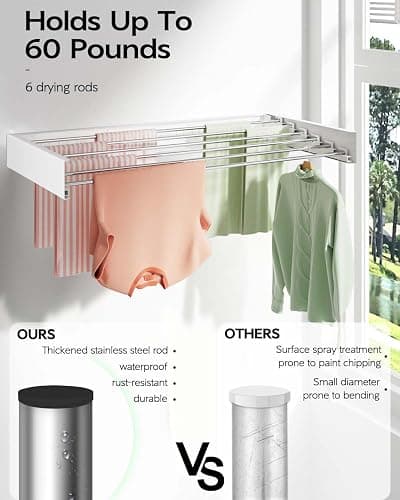 Vikaqi Wall Mounted Clothes Drying Rack 100CM, Foldable Wall Mount Laundry Rack Folding Indoor, Drying Rack Clothing Collapsible, Towel Rack with Wall Template, 6 Rods, White thumbnail 5