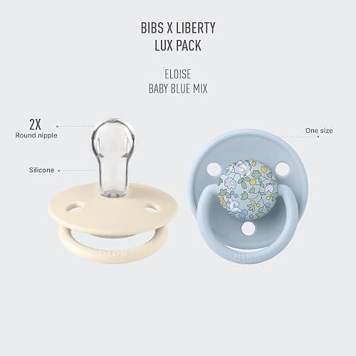 BIBS x Liberty De Lux Tétine, 0+ mois, 2-pack, Eloise Baby Blue | Tétine ronde | Silicone | Taille unique | Sans BPA | Fabriqué au Danemark | Haute acceptation | Trous d’aération thumbnail 3