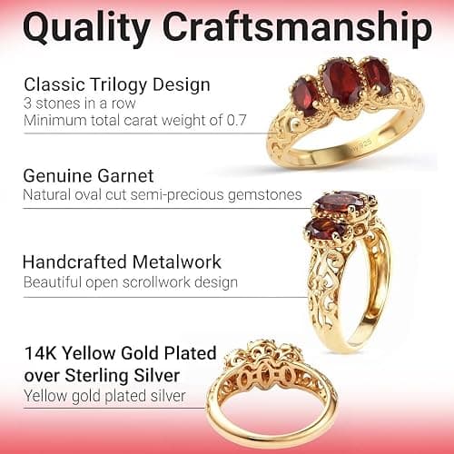 3 Stone Garnet Ring for Women in 925 Sterling Silver With 14K Gold Plating - January Birthstone Promise Engagement Vintage Red Garnet Jewelry - Birthday Anniversary Wedding Gifts for Womens thumbnail 3