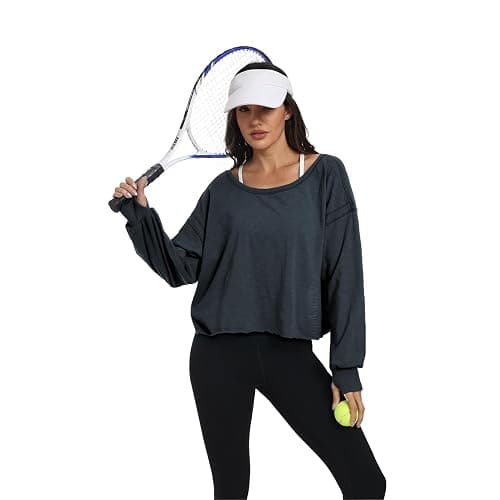 denking Women Open Back Workout Tops 100% Cotton Long Sleeve Shirts Yoga Athletic Gym Pilates Crop Cute Summer Oversize Tees thumbnail 4