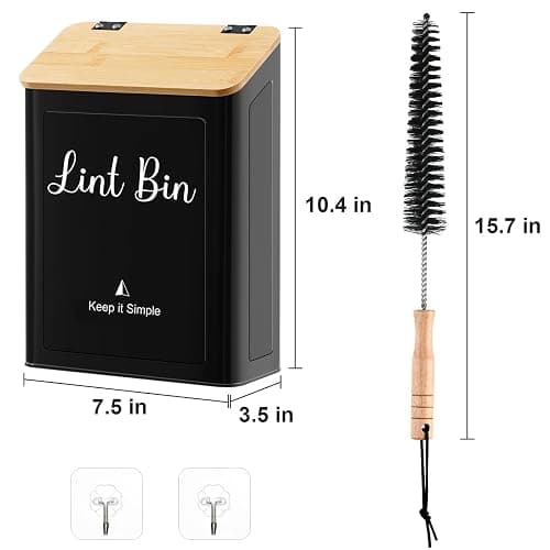 SUBEKYU Metal Magnetic Lint Bin for Laundry Room, Wall Mounted Lint Box Holder with Lid for Dryer,Laundry Room Organization and Storage,Bamboo Lid Lint Basket,Black thumbnail 2