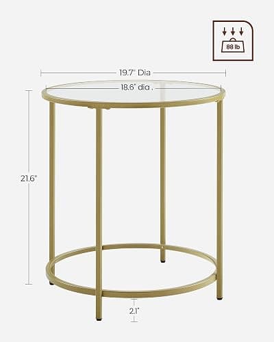 VASAGLE Round Side Table, Glass End Table with Metal Frame, Gold Coffee Table with Modern Style, for Living Room, Balcony, Bedroom, Gold Color thumbnail 3