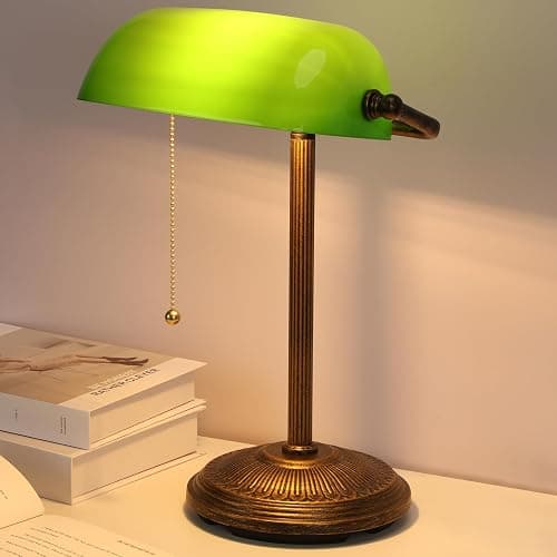 NISSAFORS Bankers Desk Lamp, Green Glass Shade, Vintage Desk Lamp with Pull Chain Switch, Retro Table Lamps for Home Office(Retro Gold+Green, Small) thumbnail 6
