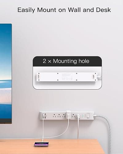 Flat Plug Extension Cord 25FT, Surge Protector Power Strip with 2 USB A Ports 2 USB-C 6 AC Outlets, USB Charging Station, Wall Mountable for Home, Office, Dorm Essentials, 1080J, ETL Listed thumbnail 6