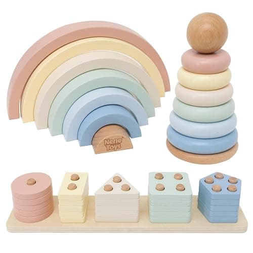 Nene Toys Jouet Montessori en Bois 3-en-1 pour Bébé 1 an – Arc-en-Ciel en Bois, Tour à Empiler & Jeu d’Encastrement – Jouet d’Éveil Enfant 1–3 Ans – Idée Cadeau Fille Garçon – Couleurs Pastel - Image 1