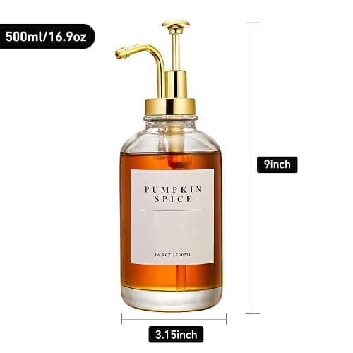 Coffee Syrup Dispenser for Coffee Bar, Coffee Syrup Pump Dispenser, Glass Syrup Bottle with Gold Upgraded Pump, 4 Pack 16.9 oz 500 ml Syrup Dispensers, 28 Labels and Large Bamboo Tray thumbnail 3